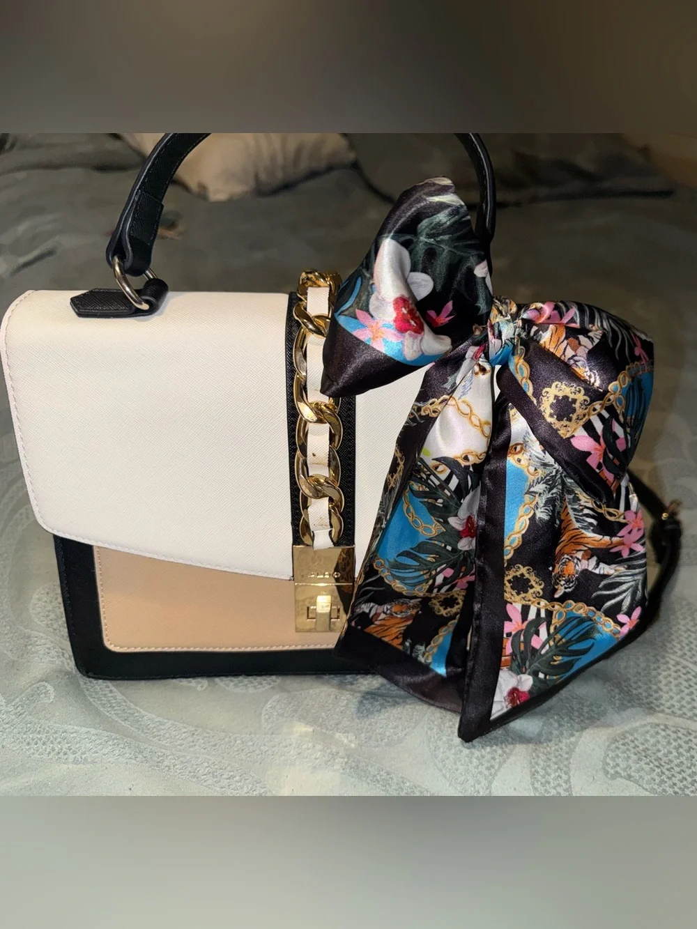 Structured Colorblock Top-Handle Bag with Floral Scarf Accent - White/Black/Tan